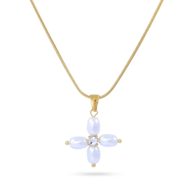 Women's Necklace Essentials Shai DCO080A1 Surgical Steel 316L Gold Plated IP-White Pearl-White Zircon Anartxy
